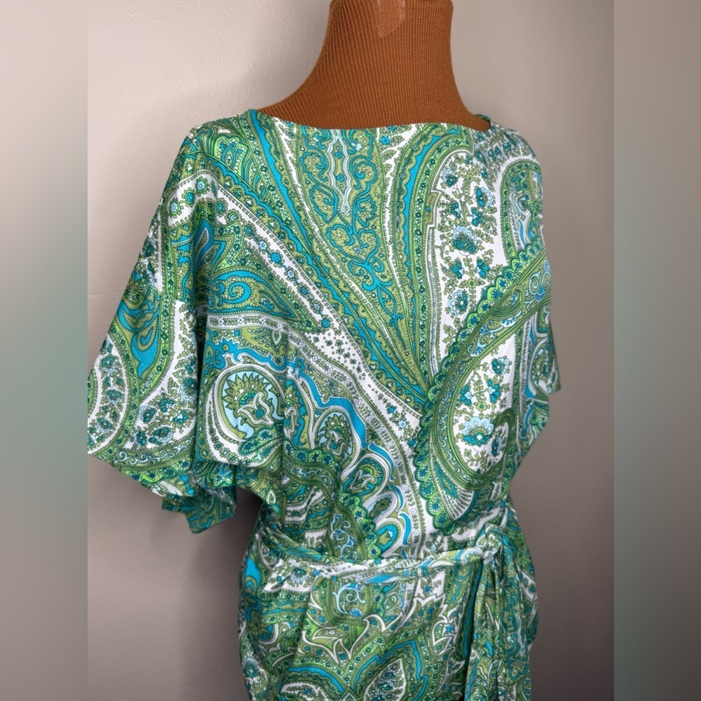 Talbots Silk Paisley Green White Pullover Blouse Short Sleeve Size MP - Picture 2 of 8